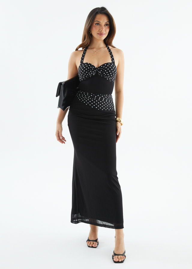 Ishelle Halter Mesh Maxi Dress - Black Polka Dot