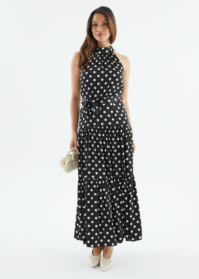 Katrina Halter Maxi Dress - Black Polka