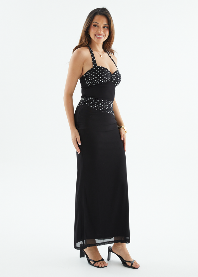 Ishelle Halter Mesh Maxi Dress - Black Polka Dot