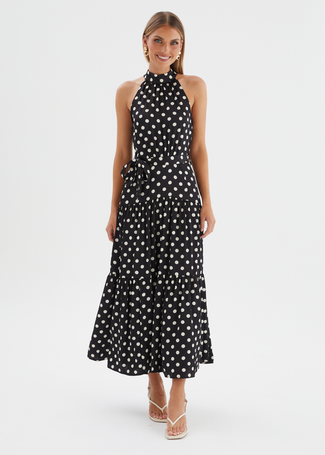 Katrina Halter Maxi Dress - Black Polka