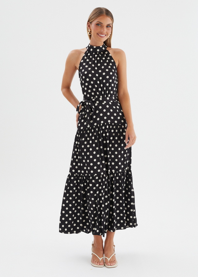 Katrina Halter Maxi Dress - Black Polka