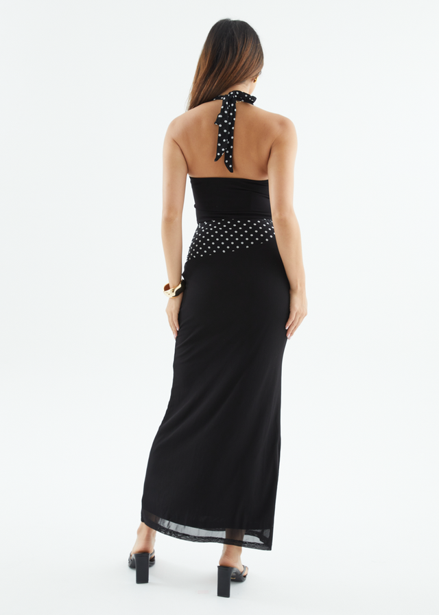 Ishelle Halter Mesh Maxi Dress - Black Polka Dot