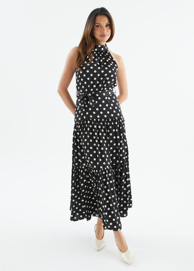 Katrina Halter Maxi Dress - Black Polka