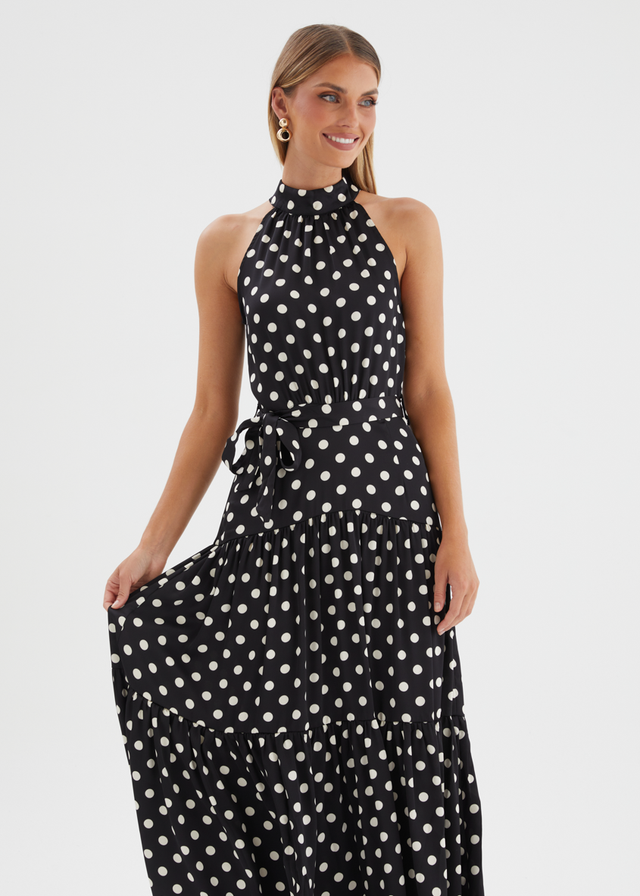 Katrina Halter Maxi Dress - Black Polka