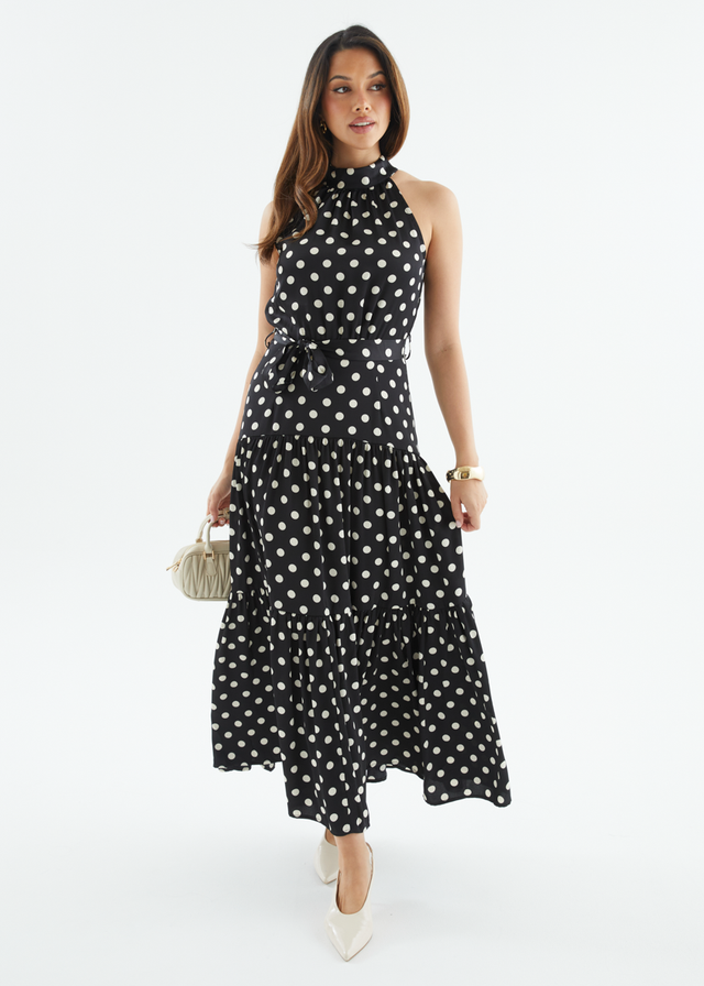 Katrina Halter Maxi Dress - Black Polka
