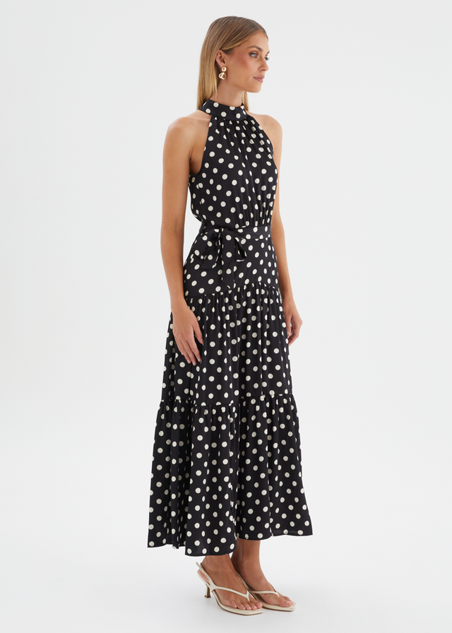 Katrina Halter Maxi Dress - Black Polka