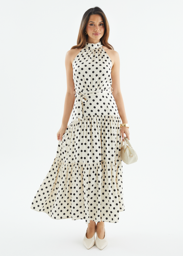 Katrina Halter Maxi Dress - Cream Polka