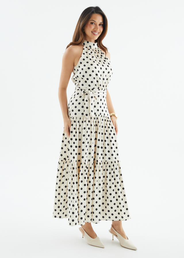 Katrina Halter Maxi Dress - Cream Polka