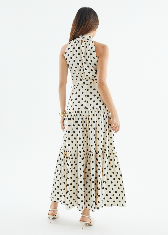 Katrina Halter Maxi Dress - Cream Polka