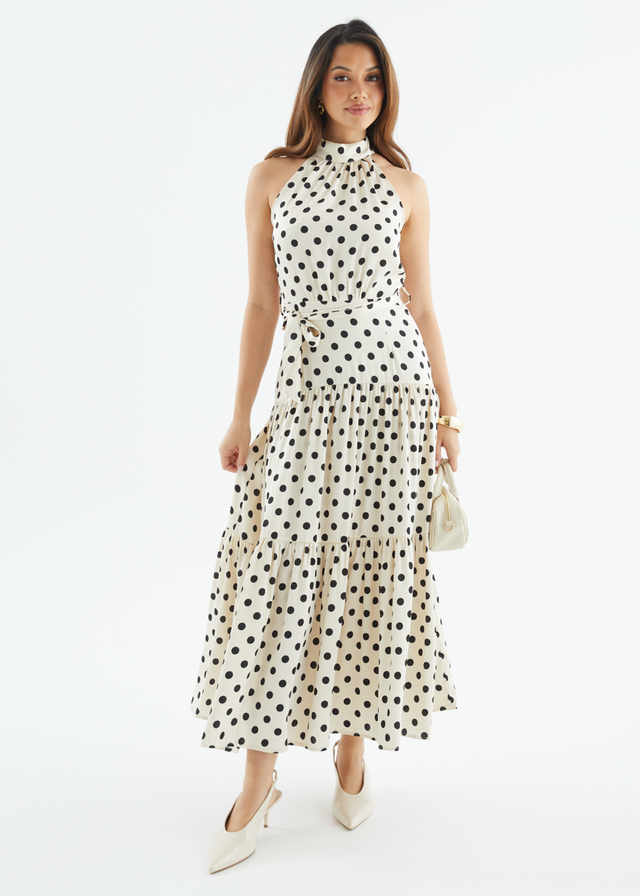 Katrina Halter Maxi Dress - Cream Polka
