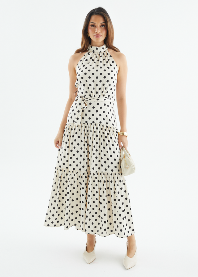 Katrina Halter Maxi Dress - Cream Polka
