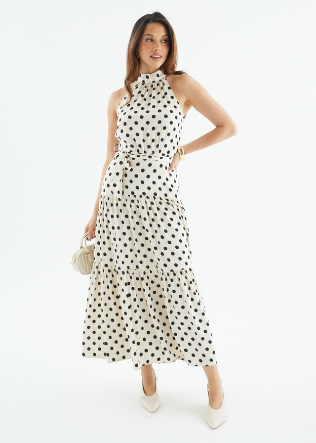 Katrina Halter Maxi Dress - Cream Polka