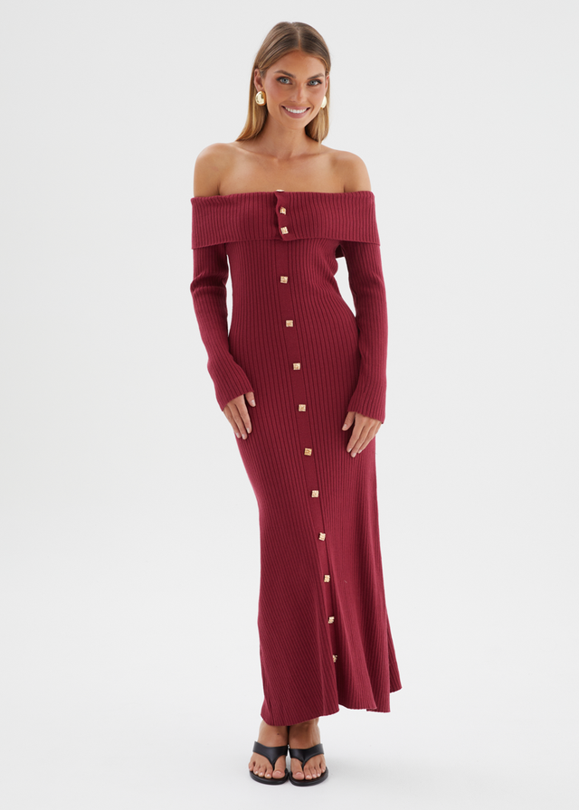 Aloe Off Shoulder Knit Maxi Dress - Wine