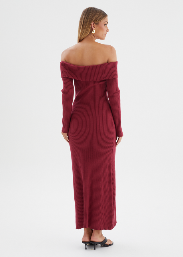 Aloe Off Shoulder Knit Maxi Dress - Wine