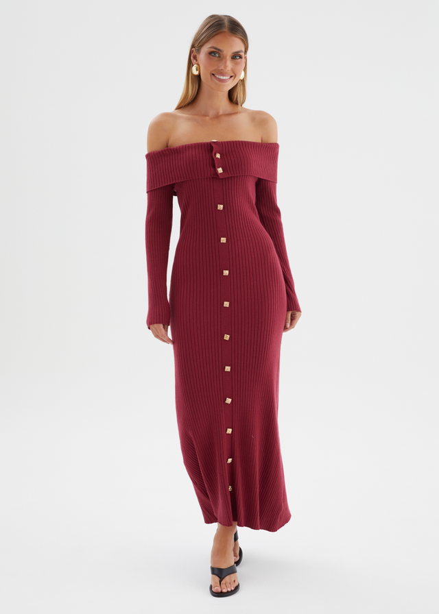 Aloe Off Shoulder Knit Maxi Dress - Wine