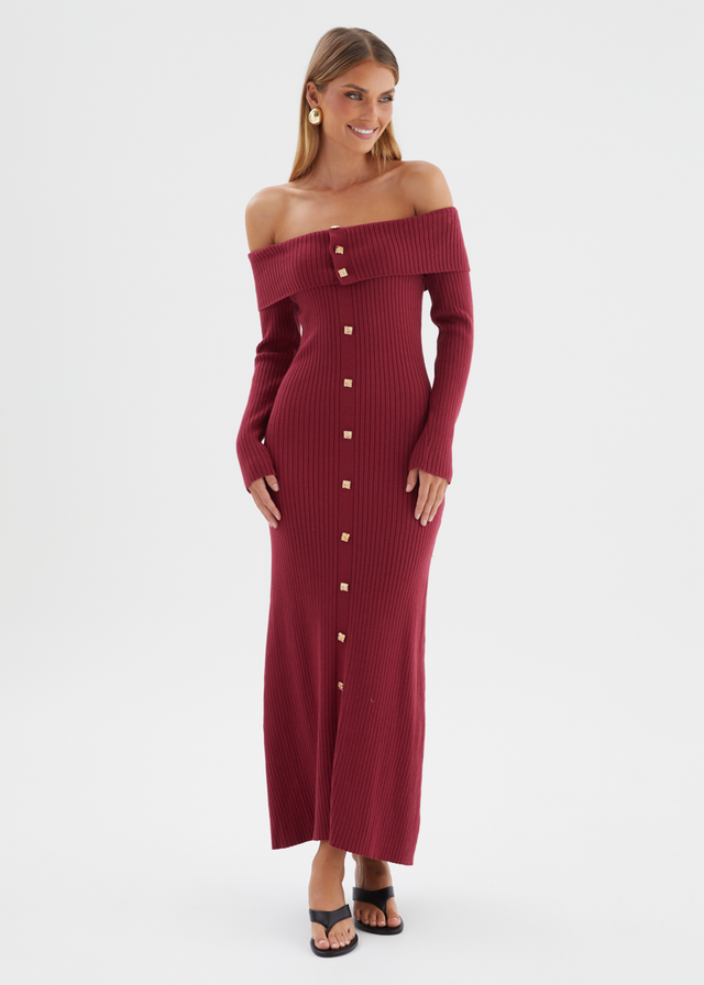 Aloe Off Shoulder Knit Maxi Dress - Wine