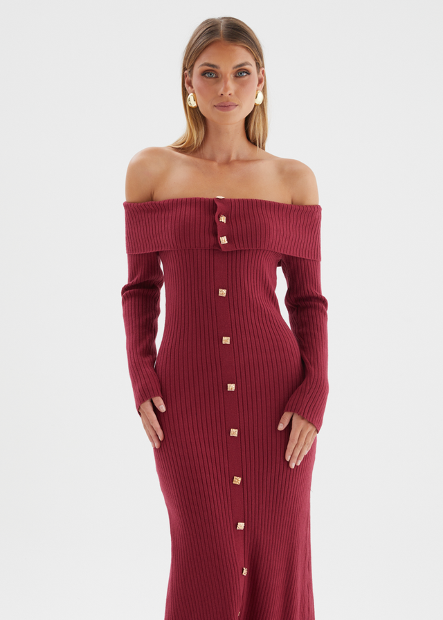 Aloe Off Shoulder Knit Maxi Dress - Wine
