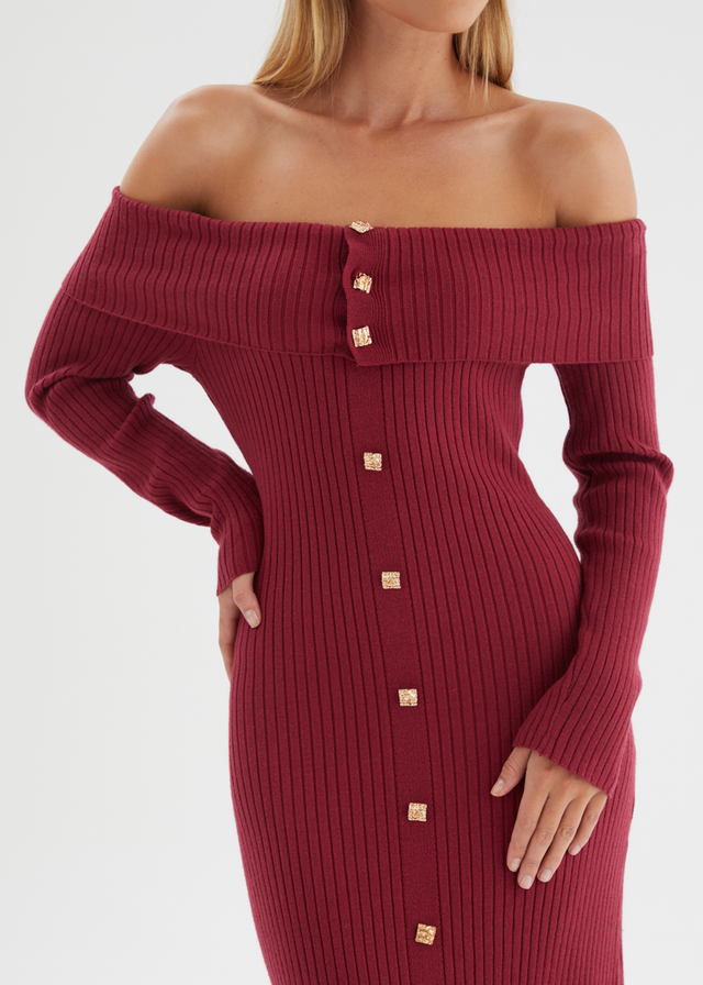 Aloe Off Shoulder Knit Maxi Dress - Wine