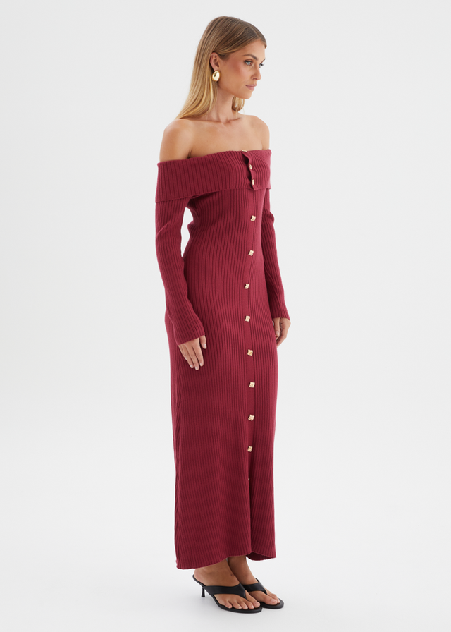 Aloe Off Shoulder Knit Maxi Dress - Wine