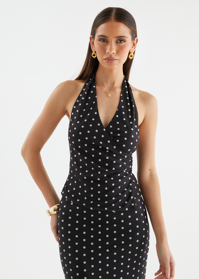 Weslee Mesh Halter Top - Black Polka