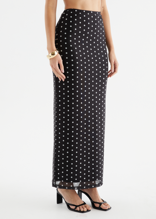 Weslee Mesh Maxi Skirt - Black Polka