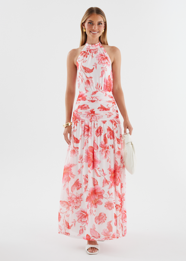 Ivannah Halter Mesh Maxi Dress - Pink Flowers