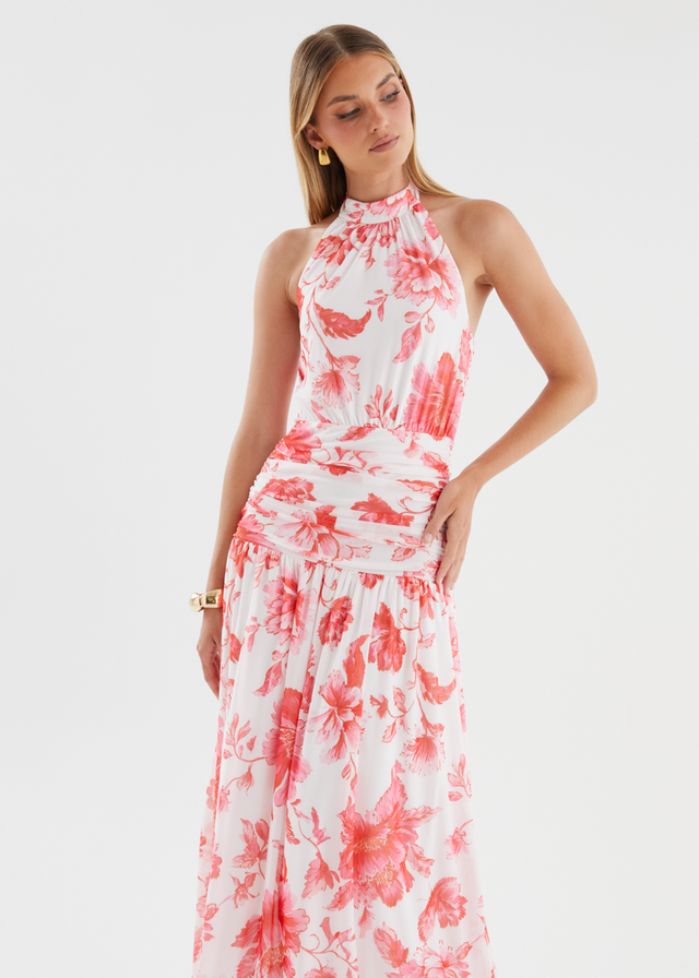 Ivannah Halter Mesh Maxi Dress - Pink Flowers