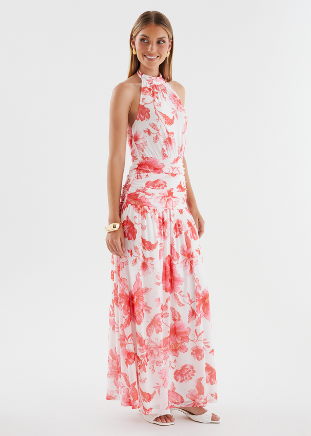 Ivannah Halter Mesh Maxi Dress - Pink Flowers