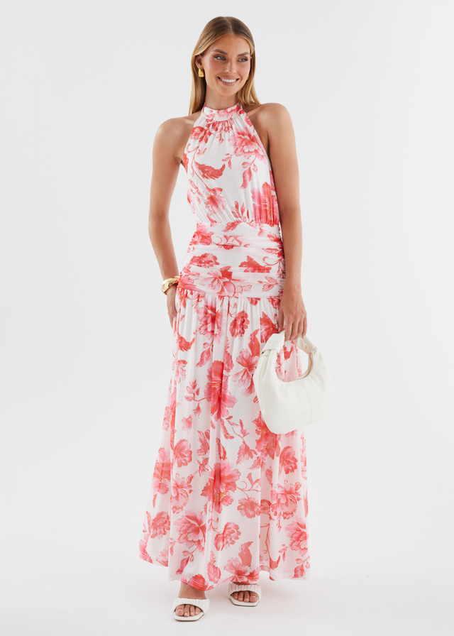 Ivannah Halter Mesh Maxi Dress - Pink Flowers