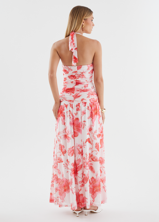 Ivannah Halter Mesh Maxi Dress - Pink Flowers