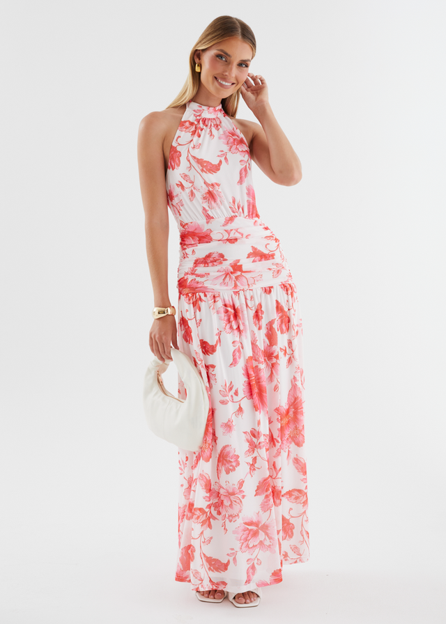 Ivannah Halter Mesh Maxi Dress - Pink Flowers