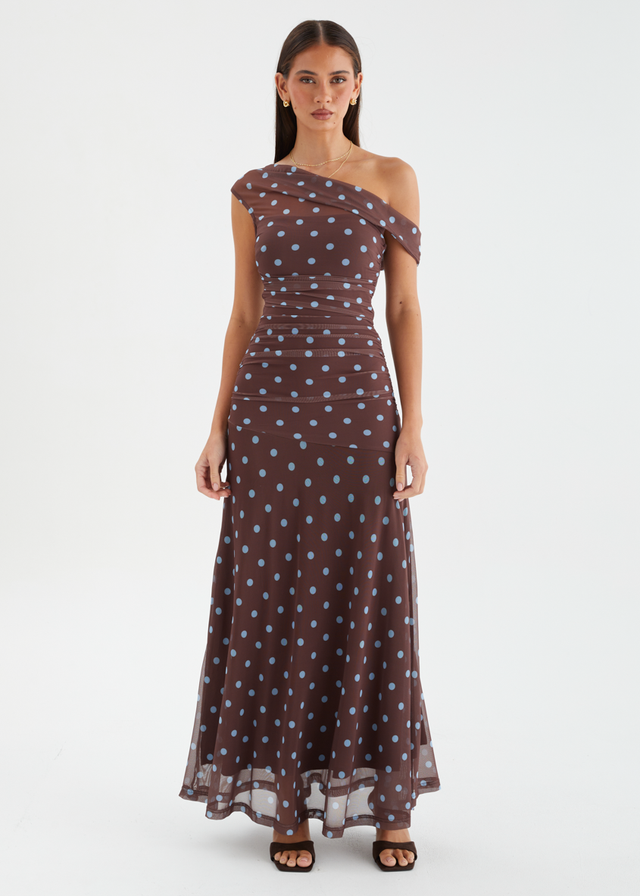 Cecilia Drop Shoulder Maxi Dress - Choc Blue Polka