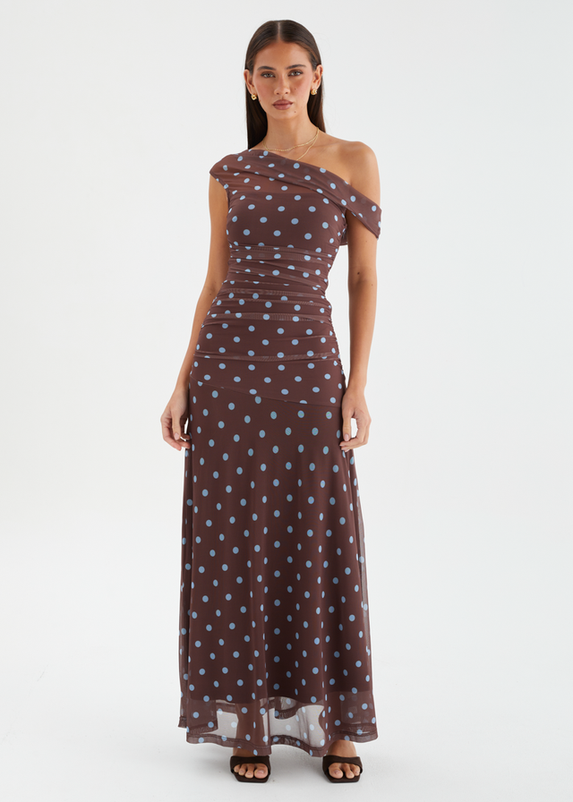 Cecilia Drop Shoulder Maxi Dress - Choc Blue Polka