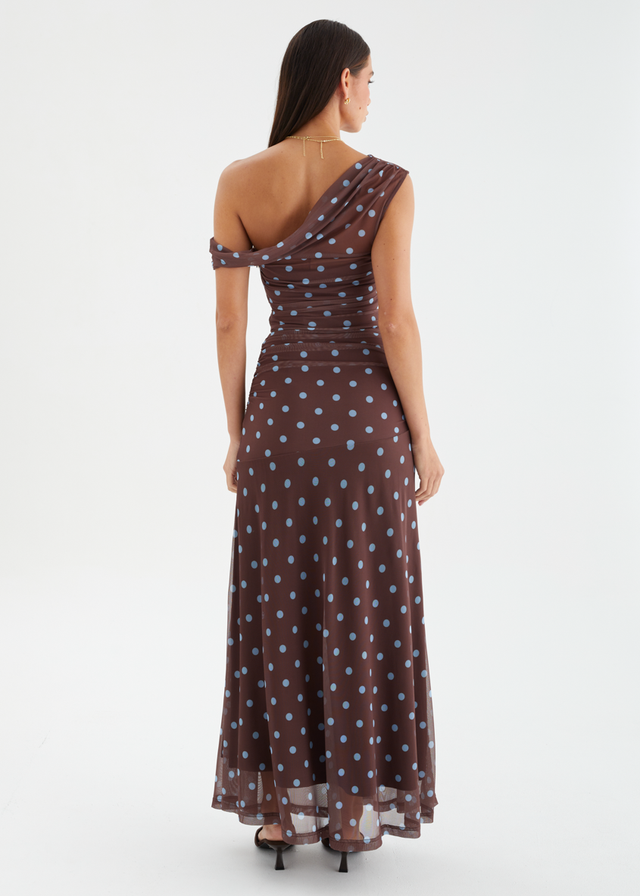 Cecilia Drop Shoulder Maxi Dress - Choc Blue Polka