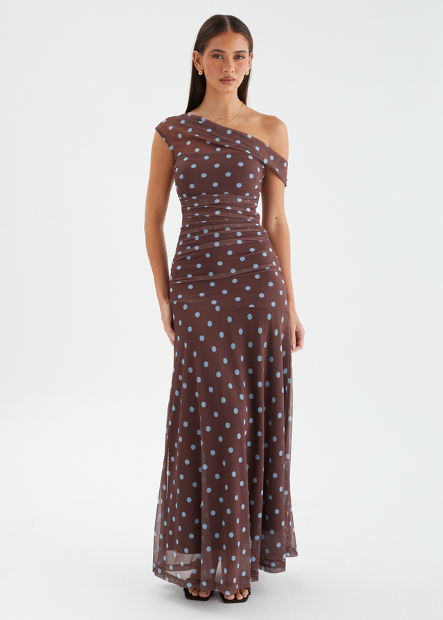Cecilia Drop Shoulder Maxi Dress - Choc Blue Polka