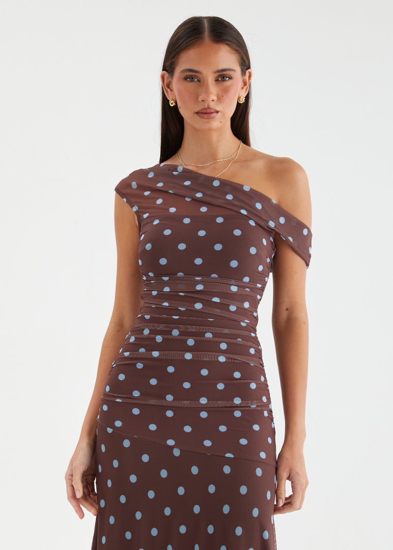 Cecilia Drop Shoulder Maxi Dress - Choc Blue Polka  Gingham & Heels