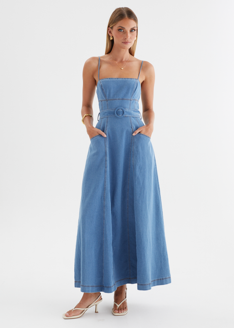 Sabar Denim Maxi Dress - Mid Blue  Gingham & Heels