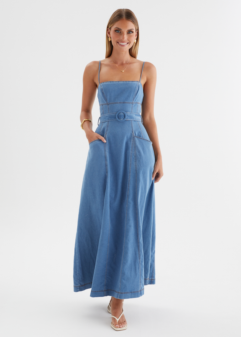 Shop Denim Maxi Dresses - Gingham & Heels