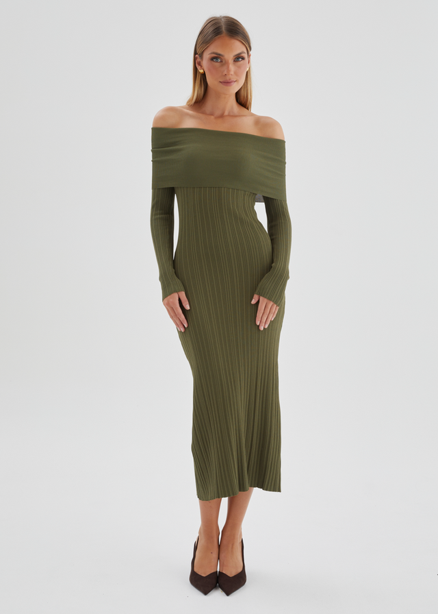 Eliora Off Shoulder Knit Maxi Dress - Khaki