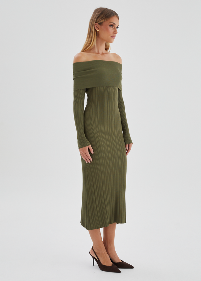 Eliora Off Shoulder Knit Maxi Dress - Khaki