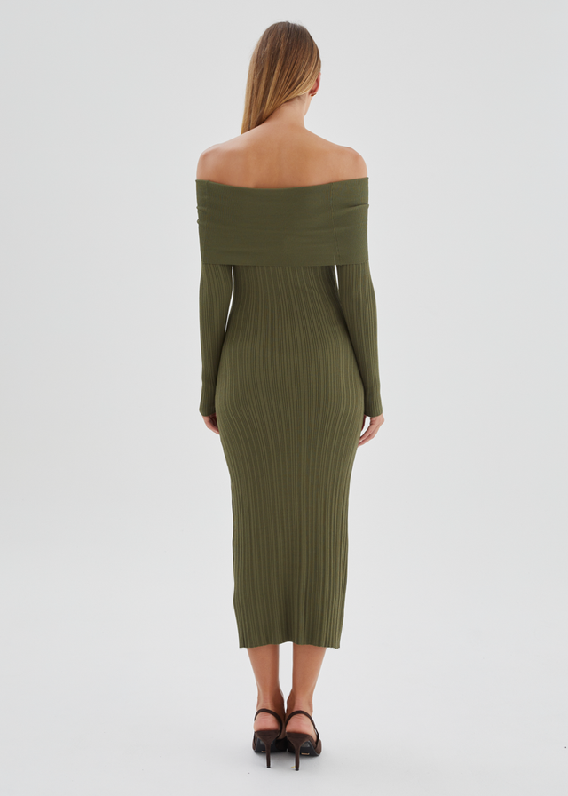 Eliora Off Shoulder Knit Maxi Dress - Khaki