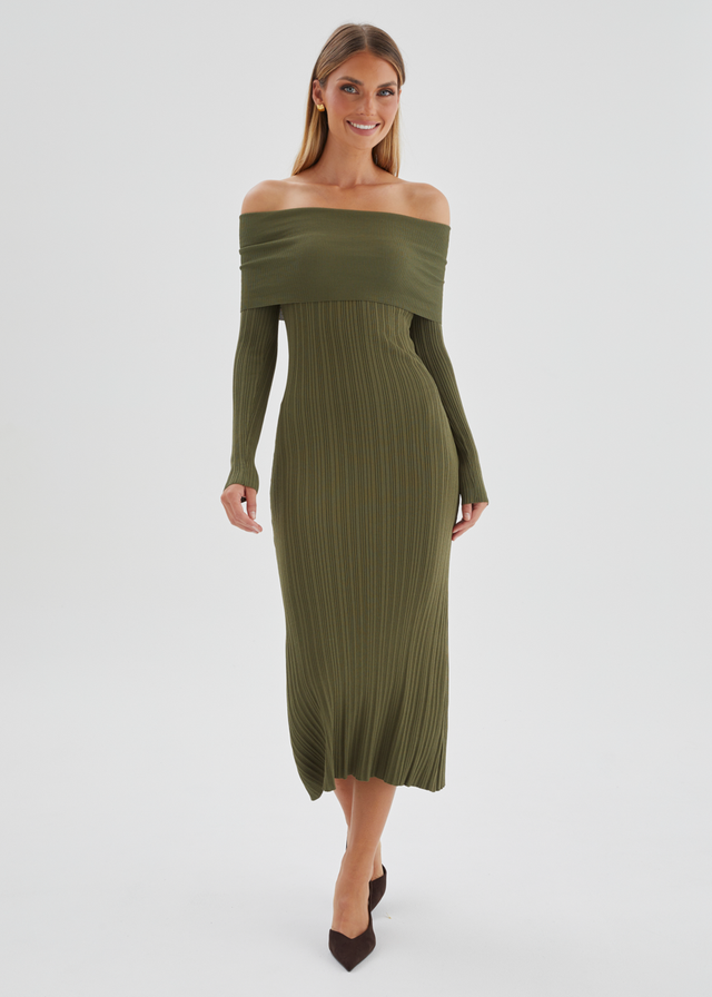 Eliora Off Shoulder Knit Maxi Dress - Khaki