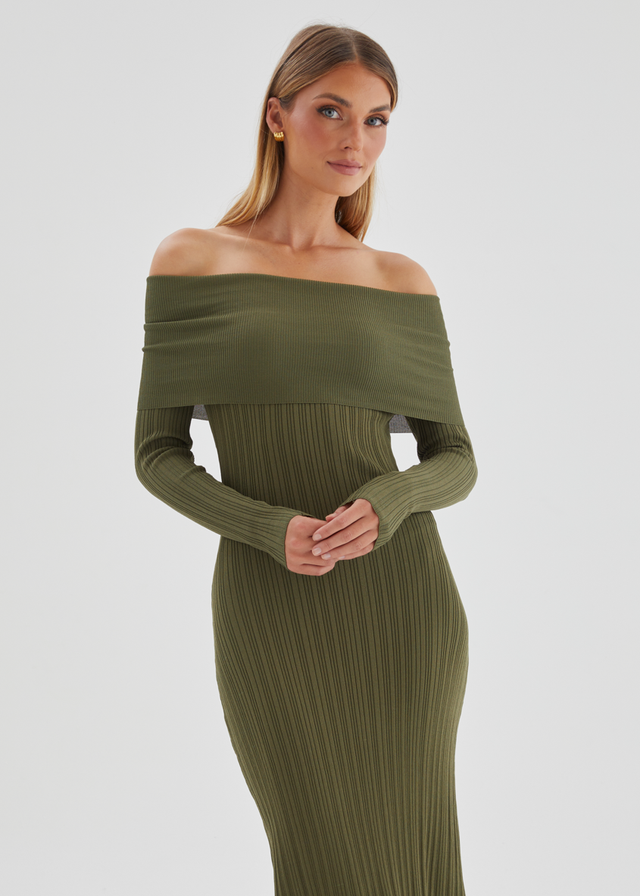 Eliora Off Shoulder Knit Maxi Dress - Khaki