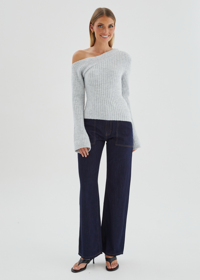 Lily One Shoulder Knit Top - Grey