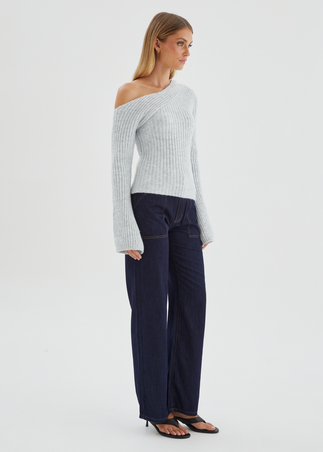 Lily One Shoulder Knit Top - Grey
