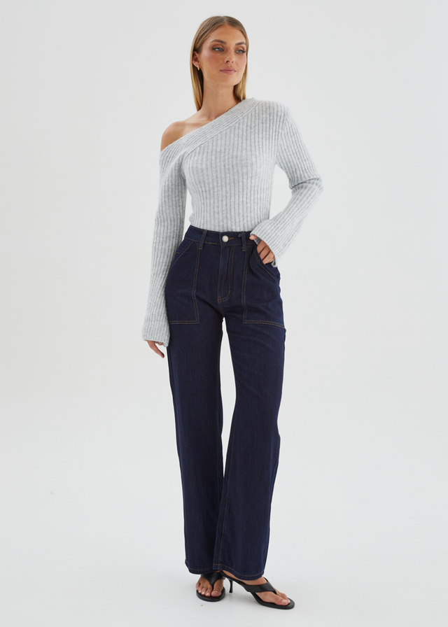 Lily One Shoulder Knit Top - Grey