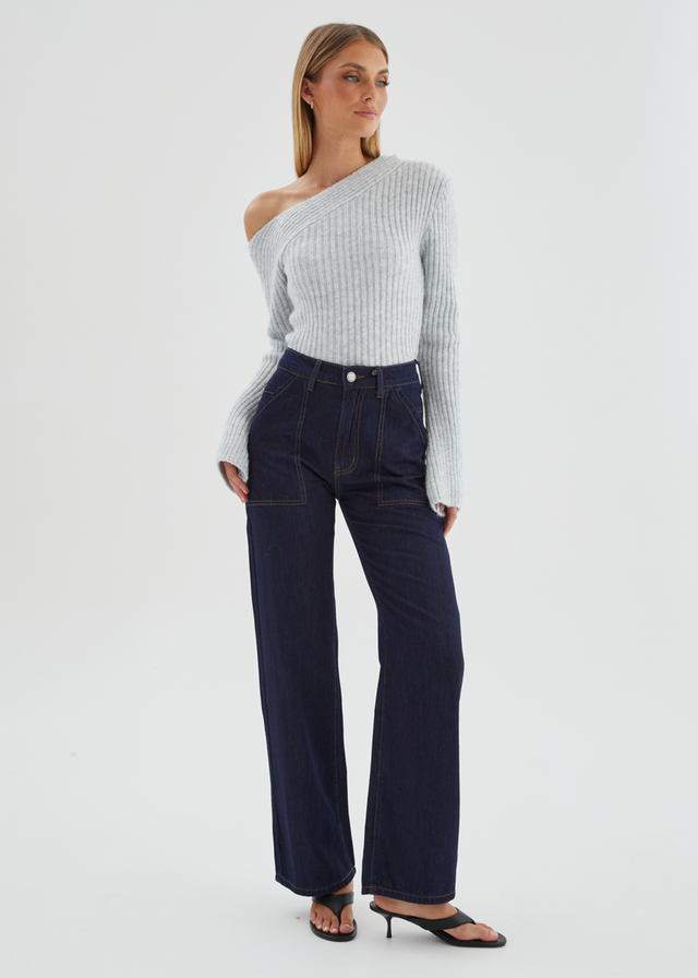 Lily One Shoulder Knit Top - Grey