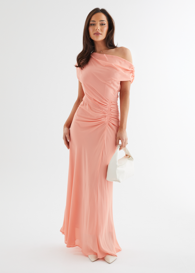 Flirtini One Shoulder Maxi Dress - Peach Gingham & Heels Flirtini One Shoulder Maxi Dress - Peach Gingham & Heels
