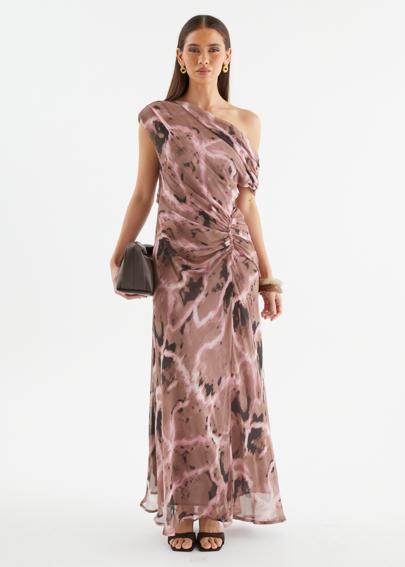 Flirtini One Shoulder Maxi Dress - Brown Tie Dye Gingham & Heels Flirtini One Shoulder Maxi Dress - Brown Tie Dye Gingham & Heels