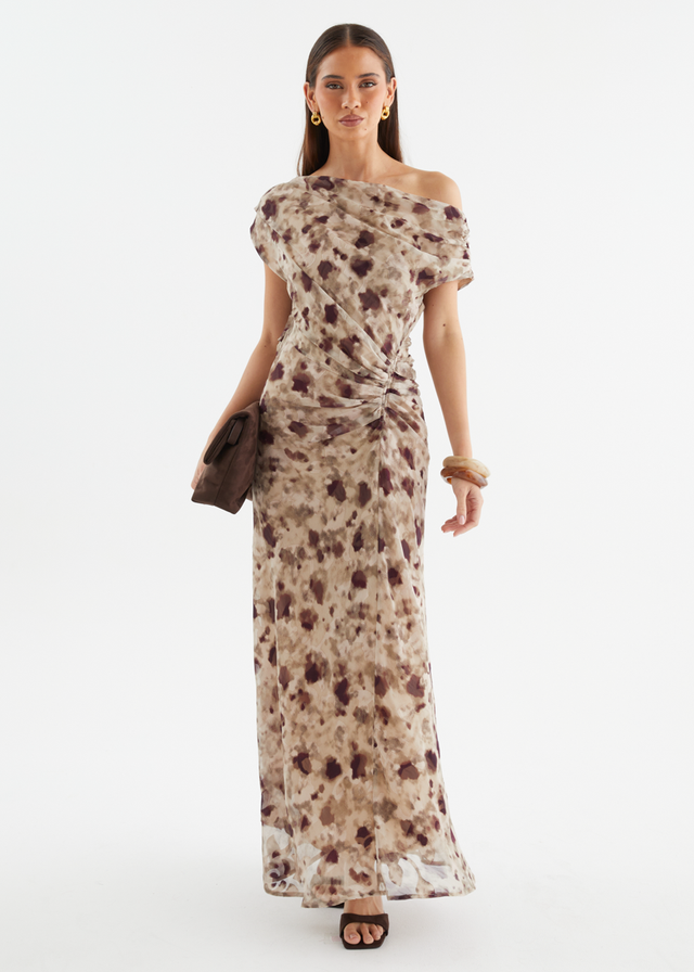 Flirtini One Shoulder Maxi Dress - Cocoa Leopard